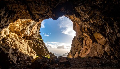 Obraz premium View from Inside Rocky Cave Toward Bright Sky with Sunlight and Distant Horizon Under Partly Cloudy Conditions