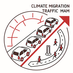Title: A circular showing cars and pedestrians moving in different directions with the text