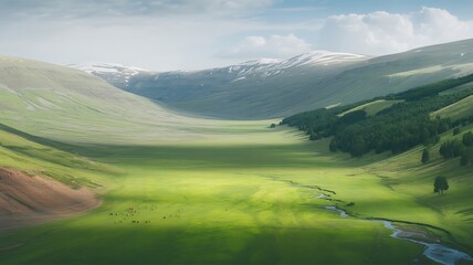 a picturesque view of a lush green valley with snow capped mountains in the distance under a partly cloudy sky