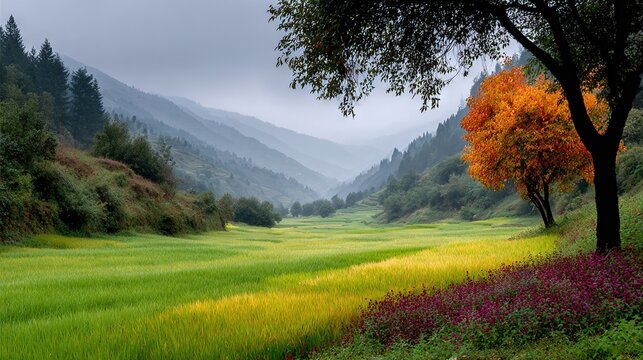  Lush green field, tree in fg, mt range w trees & flowers in dg