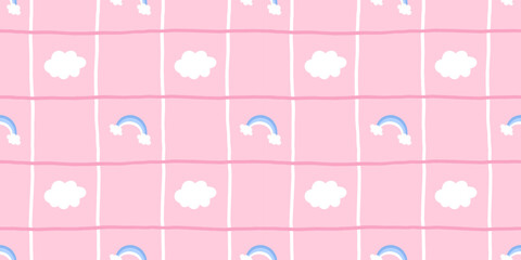 Fototapeta premium Seamless vector pattern featuring clouds and rainbows in soft pastel tones, perfect for baby textiles, nursery wallpapers, and children s clothing