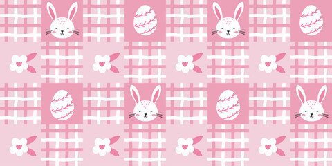 Pastel-colored seamless vector pattern with bunnies, eggs, spring flowers and checkered patterns, perfect for wrapping paper, children s clothing, and celebrating the Easter holiday