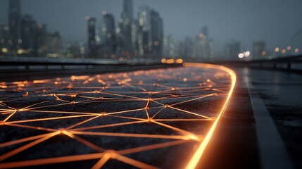Glowing grid overlays a road leading to blurred city skyline at twilight