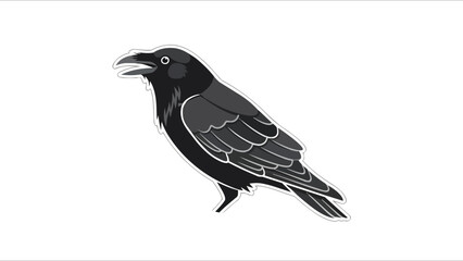 Obraz premium Stylized vector graphic of a black crow with open beak, grey feathers, and white outline
