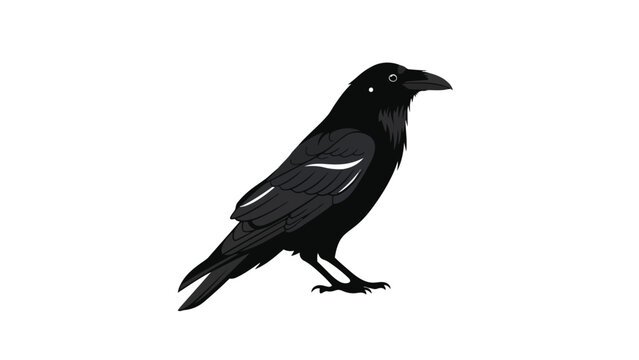 Majestic solitary jet-black corvid avian illustration standing proudly a striking minimalist graphic design of a common raven on a pristine white