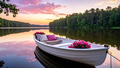 Romantic Rowboat on Calm Lake at Sunrise for Leisure Photography and Nature-Inspired Travel Inspiration