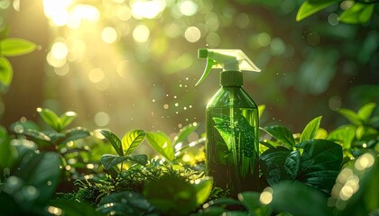 Green Spray Bottle in Sunlit Foliage for Eco-Friendly Gardening and Plant Care Visual Inspiration