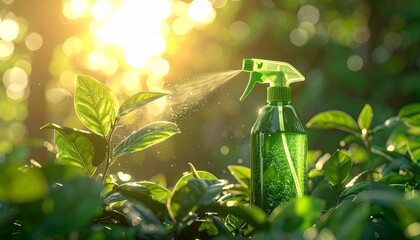 Green Spray Bottle in Sunlit Foliage for Eco-Friendly Gardening and Plant Care Visual Inspiration