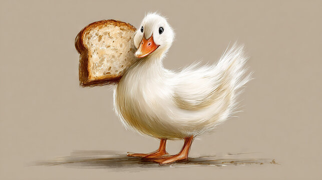   Drawing of a duck with bread in its beak and mouth