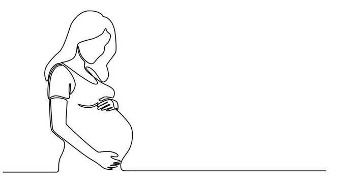Continuous black one line drawing pregnant woman with big belly on white background. Self drawing animation pregnancy. Hand drawn silhouette picture, simple design. 2D, 4k stock footage. Line art.