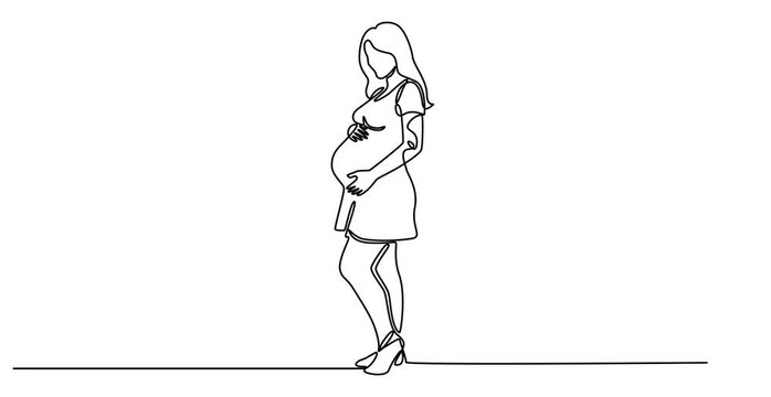 Continuous black one line drawing pregnant woman with big belly on white background. Self drawing animation pregnancy. Hand drawn silhouette picture, simple design. 2D, 4k stock footage. Line art.