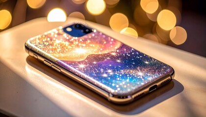 Smartphone with Galaxy Design Case and Bokeh Lights for Cosmic Tech Aesthetic and Accessory Inspiration