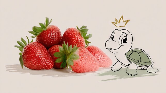   A strawberry pile beside a turtle with a crown on its head