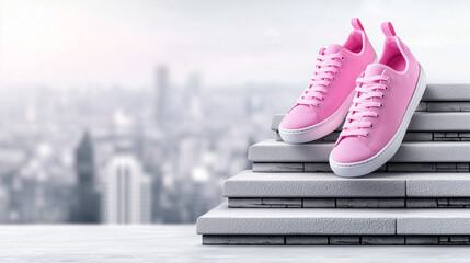 Active Lifestyle with Pink Sneakers and Cityscape Background