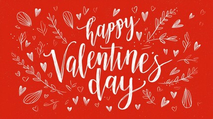 Happy Valentine's Day calligraphy lettering on red background. Calligraphy Happy Valentine's Day lettering on a red background with hearts and leaves