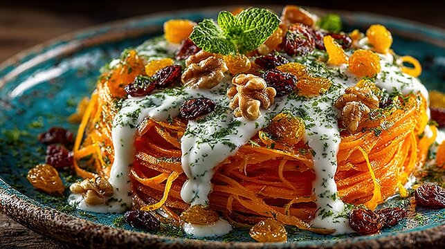   A zoomed-in photo of a dish featuring broccoli, carrots, raisins, and yogurt