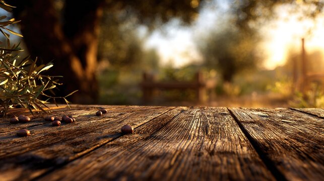   A wooden table with olives on it, in front of a blurry image of a bench and tree