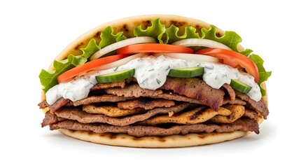 Delicious Gyro Sandwich with Fresh Vegetables and Tzatziki Sauce.