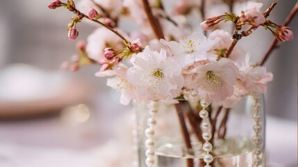 Naklejka premium A vase brimming with pink blooms sits atop a table adjacent to a vase holding white and pink blossoms