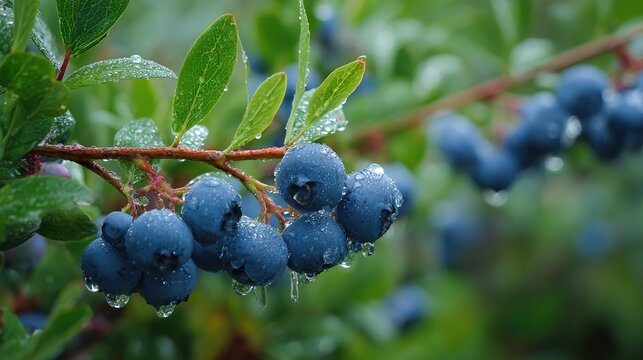   A blueberry-laden tree branch hangs above, with water droplets glistening on the berries and lush greenery surrounding the scene