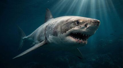 Fototapeta premium Profile View of a Massive Great White Shark Gliding Through the Sea