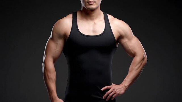 Muscular man in black tank top with arms flexed against a dark gray backdrop