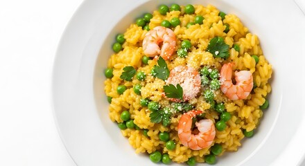 Delicious Shrimp and Pea Risotto with Parmesan Cheese and Fresh Parsley.