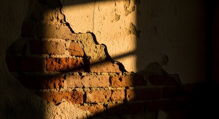 Cracked Plaster Reveals Weathered Red Brick Wall Sunlight Shadow peeling paint