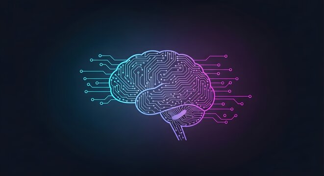 Digital brain with circuit board pattern and neon glow technology artificial intelligence image - Powered by Adobe
