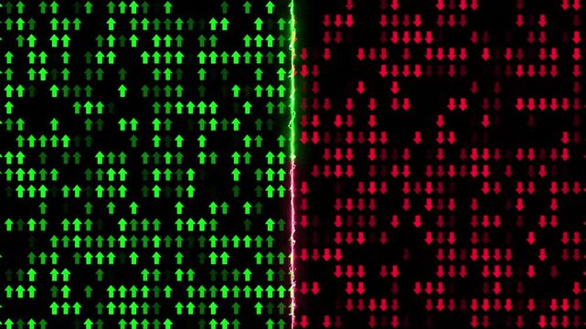 Stock Market Trends Green Up Arrows For Growth, Red Down Arrows For Decline. Financial Gains And Losses, Bullish Vs Bearish Analysis, Data Flow, Economic Indicators, Investment Strategy. Digital Stock