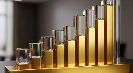 Golden bar graph with clear glass tops ascending in height growth success