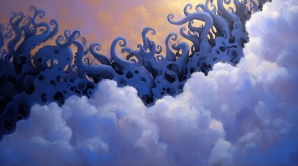   A painting featuring clouds against an orange and yellow sky backdrop