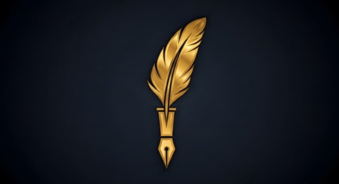 Golden Feather Quill Pen on Dark Blue Background feather pen writing instrument - Powered by Adobe