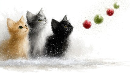   A trio of felines perched atop a snowy landscape adjacent to an apple
