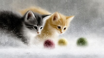   Two kittens perched on a snowy ground, holding balls beside them