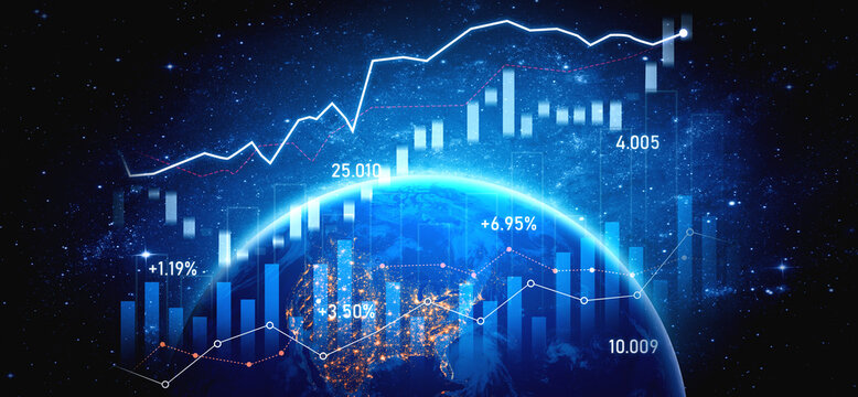 Explore the intersection of finance and technology in this stunning visualization, featuring upward trends, digital graphs, and the earth under a starry sky. Scalp - Powered by Adobe