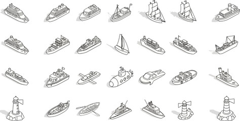  Ship and boat icons set in isometric 3d style. Sailing elements set collection vector illustration  © Pixel_Forge