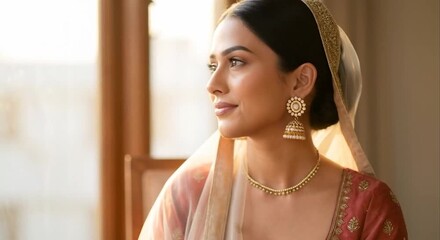 Smiling Indian bride in traditional bridal attire by window for wedding fashion jewelry beauty and cultural lifestyle advertising
