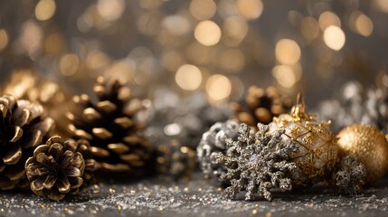   A cluster of golden-brown pine cones arranged neatly atop a shimmering silver-gold table spread