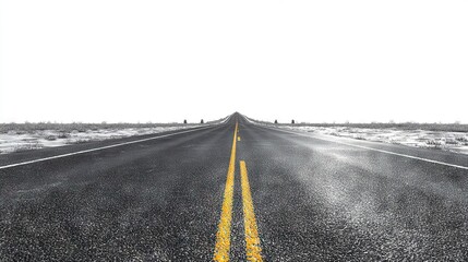   A black and white image of a road with a yellow median dividing it