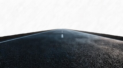   An empty road stretches across a vast green field, framed by a cloudless white sky above and a straight white line dividing it
