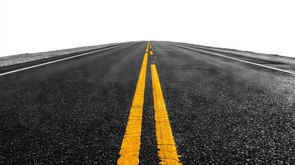   Black-and-white road photo with yellow centerline and blue sky