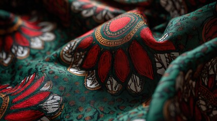   A close-up photo of a vibrant red and green flower set against a backdrop of both colors, featuring a prominent red blossom on the left