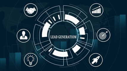 Digital concept illustration of lead generation with interconnected icons representing customer acquisition, growth, marketing, idea, and data security on a dark blue technological background.4k video