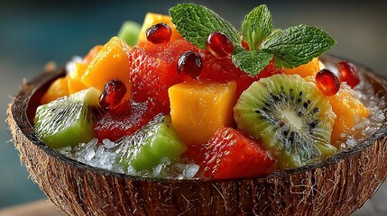  A fruit salad with kiwis, oranges, kiwis, and pomegranates