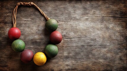   A close-up of a wooden surface, showcasing a necklace crafted from various-colored eggs and a string of twine