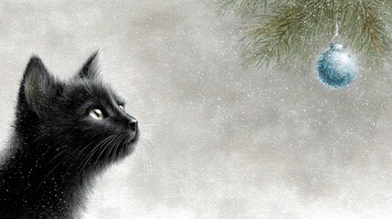   A black cat gazes upward at a blue ornament dangling from a Christmas tree amidst falling snow