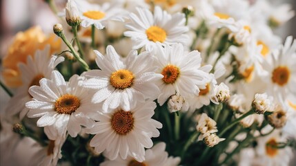   A macro shot of numerous white and yellow daisies submerged in a glass vase filled with water droplets on their petals
