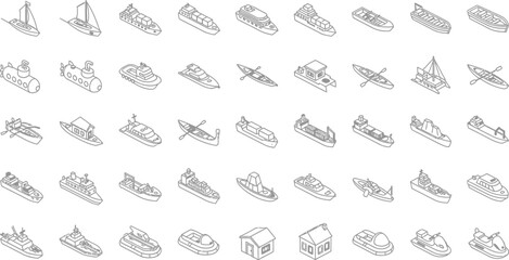  Ship and boat icons set in isometric 3d style. Sailing elements set collection vector illustration  © Pixel_Forge