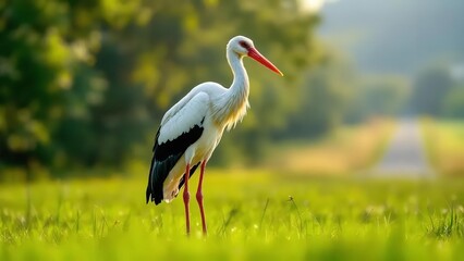 Fototapeta premium Elegant stork standing tall in a lush green meadow on a sunny day, foraging in nature